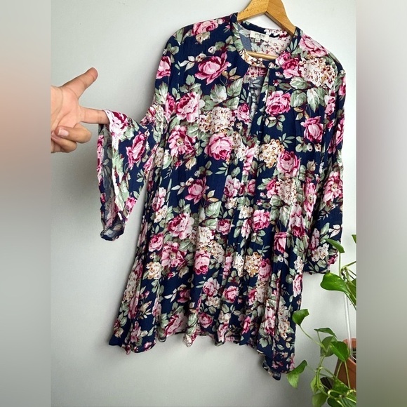Umgee Usa Floral S Oversized Minimalist boho Flowy woven Long Sleeve Midi Dress - Picture 3 of 9